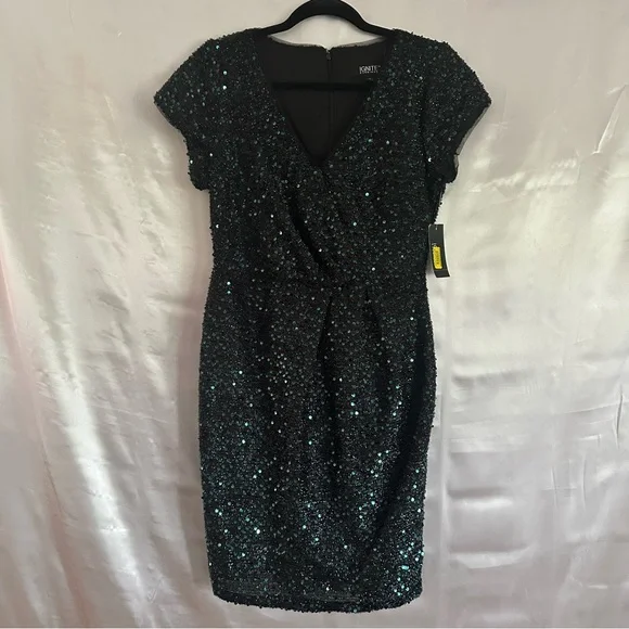 Ignite Evenings Dresses | Ignite Evenings Green Metallic Sequin V Neck Dress Sz 8 Nwt | Color: Black/Green | Size: 8 | Pm-62646628's Closet